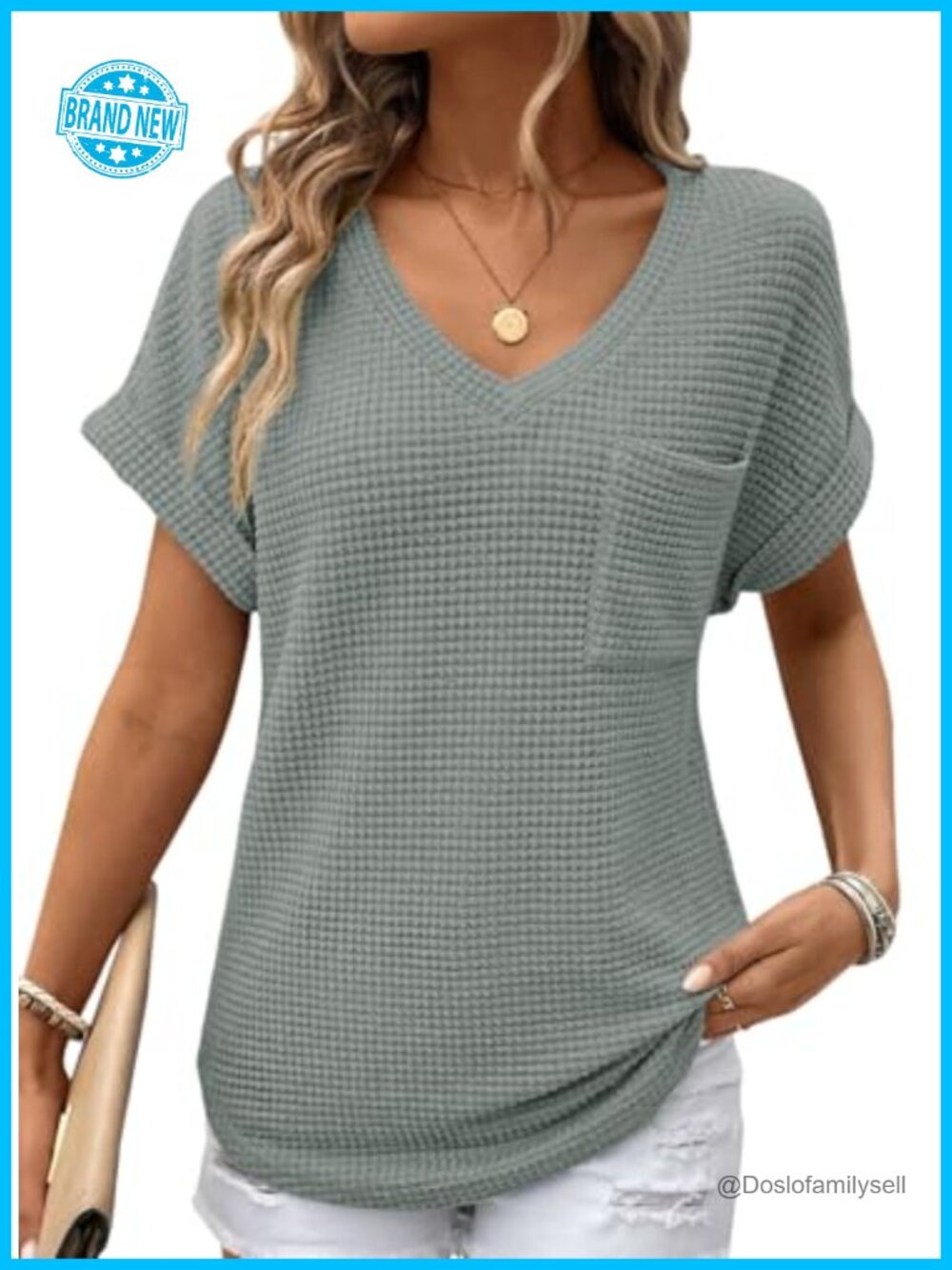 Waffle Knit T-Shirt V-Neck Short Sleeve Tunic Casual Basic Tee Loose Fit